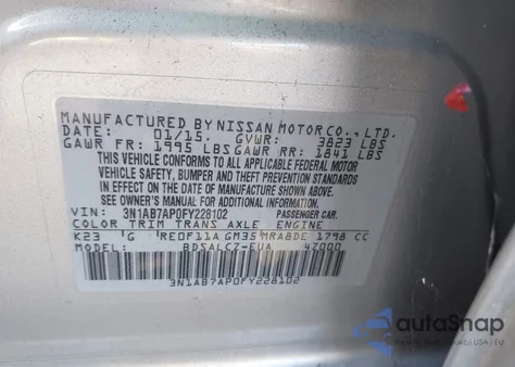2015 Nissan Sentra S from USA, damaged, VIN 3N1AB7AP0FY228102